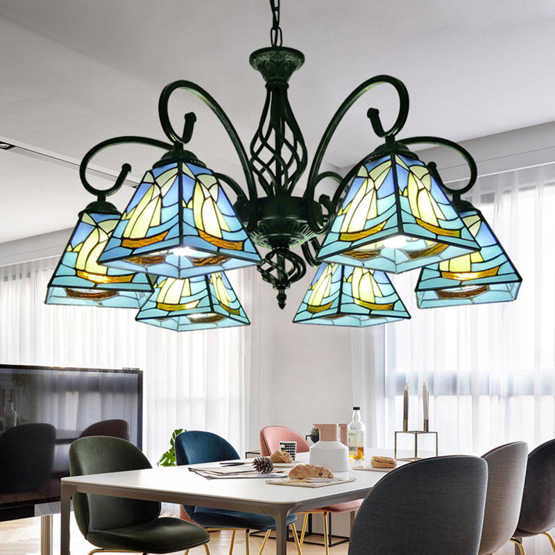 Pyramid Shade Chandelier Pendant Light Stained Glass Traditional Hanging Light for Dining Room 6 Blue Clearhalo 'Ceiling Lights' 'Chandeliers' 'Industrial' 'Middle Century Chandeliers' 'Tiffany Chandeliers' 'Tiffany close to ceiling' 'Tiffany' Lighting' 2187215