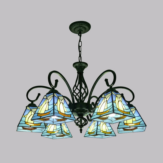 Pyramid Shade Chandelier Pendant Light Stained Glass Traditional Hanging Light for Dining Room Clearhalo 'Ceiling Lights' 'Chandeliers' 'Industrial' 'Middle Century Chandeliers' 'Tiffany Chandeliers' 'Tiffany close to ceiling' 'Tiffany' Lighting' 2187216
