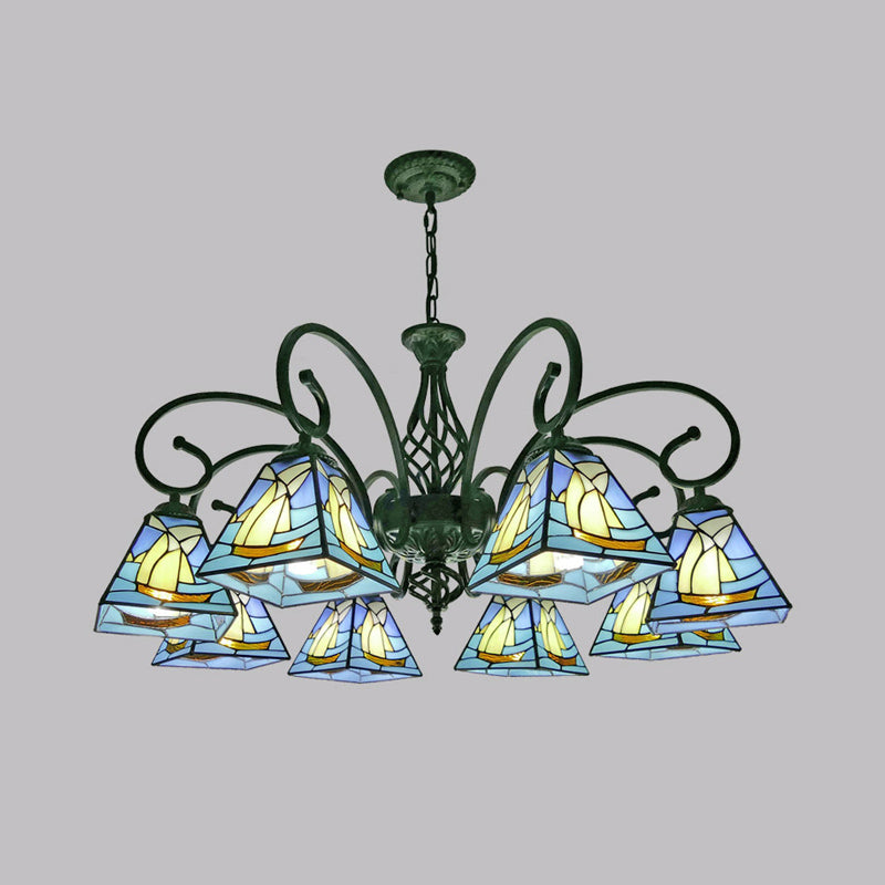 Pyramid Shade Chandelier Pendant Light Stained Glass Traditional Hanging Light for Dining Room 8 Blue Clearhalo 'Ceiling Lights' 'Chandeliers' 'Industrial' 'Middle Century Chandeliers' 'Tiffany Chandeliers' 'Tiffany close to ceiling' 'Tiffany' Lighting' 2187217