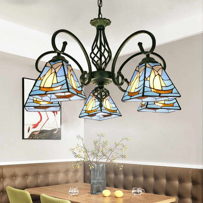 Pyramid Shade Chandelier Pendant Light Stained Glass Traditional Hanging Light for Dining Room 5 Blue Clearhalo 'Ceiling Lights' 'Chandeliers' 'Industrial' 'Middle Century Chandeliers' 'Tiffany Chandeliers' 'Tiffany close to ceiling' 'Tiffany' Lighting' 2187218