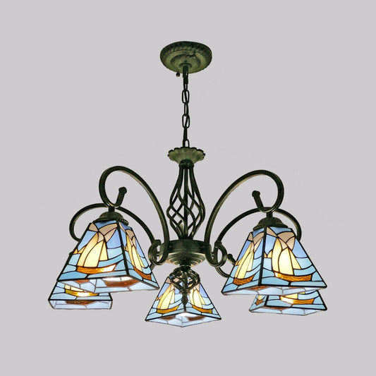 Pyramid Shade Chandelier Pendant Light Stained Glass Traditional Hanging Light for Dining Room Clearhalo 'Ceiling Lights' 'Chandeliers' 'Industrial' 'Middle Century Chandeliers' 'Tiffany Chandeliers' 'Tiffany close to ceiling' 'Tiffany' Lighting' 2187219