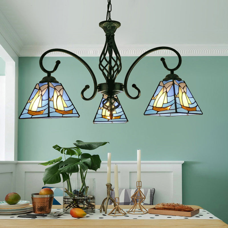 Pyramid Shade Chandelier Pendant Light Stained Glass Traditional Hanging Light for Dining Room 3 Blue Clearhalo 'Ceiling Lights' 'Chandeliers' 'Industrial' 'Middle Century Chandeliers' 'Tiffany Chandeliers' 'Tiffany close to ceiling' 'Tiffany' Lighting' 2187220