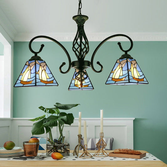 Pyramid Shade Chandelier Pendant Light Stained Glass Traditional Hanging Light for Dining Room 3 Blue
