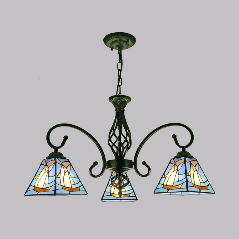 Pyramid Shade Chandelier Pendant Light Stained Glass Traditional Hanging Light for Dining Room Clearhalo 'Ceiling Lights' 'Chandeliers' 'Industrial' 'Middle Century Chandeliers' 'Tiffany Chandeliers' 'Tiffany close to ceiling' 'Tiffany' Lighting' 2187221