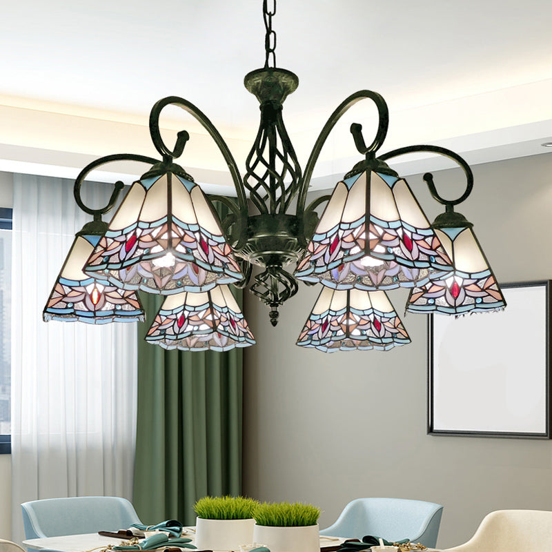 Pyramid Shade Chandelier Pendant Light Stained Glass Traditional Hanging Light for Dining Room 6 White Clearhalo 'Ceiling Lights' 'Chandeliers' 'Industrial' 'Middle Century Chandeliers' 'Tiffany Chandeliers' 'Tiffany close to ceiling' 'Tiffany' Lighting' 2187223