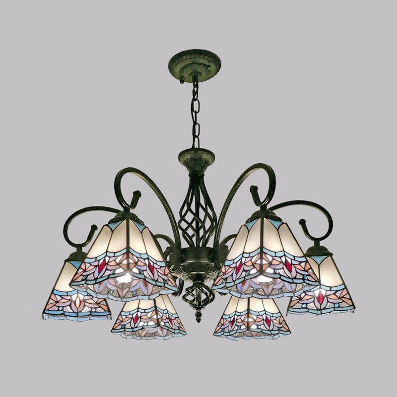 Pyramid Shade Chandelier Pendant Light Stained Glass Traditional Hanging Light for Dining Room Clearhalo 'Ceiling Lights' 'Chandeliers' 'Industrial' 'Middle Century Chandeliers' 'Tiffany Chandeliers' 'Tiffany close to ceiling' 'Tiffany' Lighting' 2187224