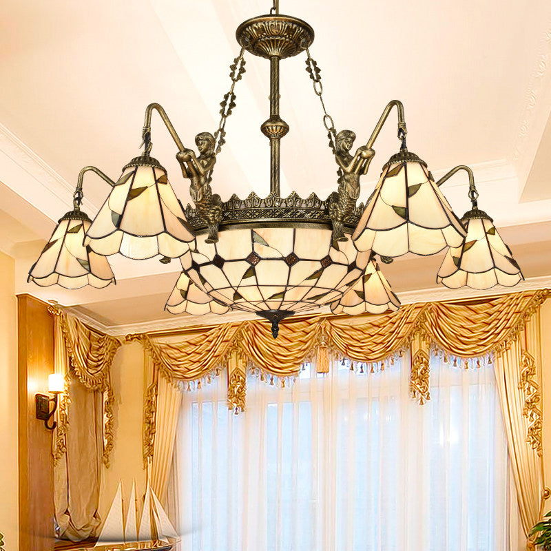 Bell Shade Chandelier Light Classic Hand Cut Glass Beige Pendant Light Fixture with Scalloped Edge 7 Beige Clearhalo 'Ceiling Lights' 'Chandeliers' 'Industrial' 'Middle Century Chandeliers' 'Pendant Lights' 'Tiffany Chandeliers' 'Tiffany close to ceiling' 'Tiffany' Lighting' 2187232