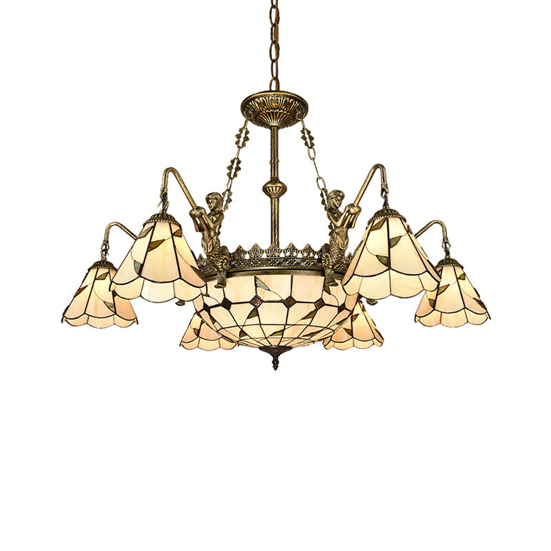 Bell Shade Chandelier Light Classic Hand Cut Glass Beige Pendant Light Fixture with Scalloped Edge Clearhalo 'Ceiling Lights' 'Chandeliers' 'Industrial' 'Middle Century Chandeliers' 'Pendant Lights' 'Tiffany Chandeliers' 'Tiffany close to ceiling' 'Tiffany' Lighting' 2187236