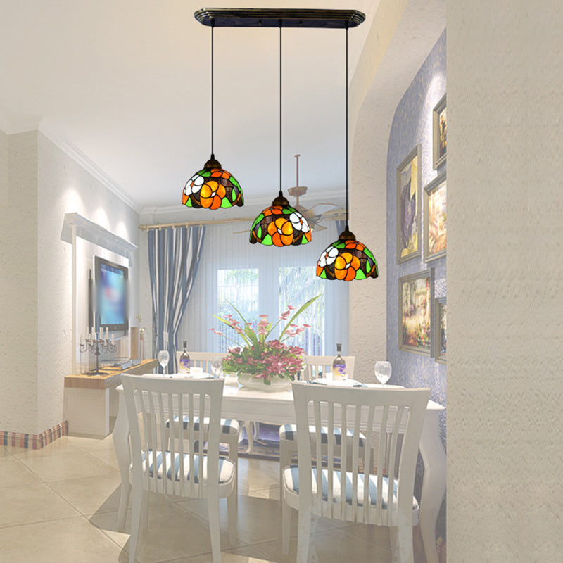 Dome Shade Stained Art Glass Multi Light Pendant Vintage 3 Bulbs Orange Hanging Lighting Orange Linear Clearhalo 'Ceiling Lights' 'Industrial' 'Middle Century Pendants' 'Pendant Lights' 'Pendants' 'Tiffany close to ceiling' 'Tiffany Pendants' 'Tiffany' Lighting' 2187238
