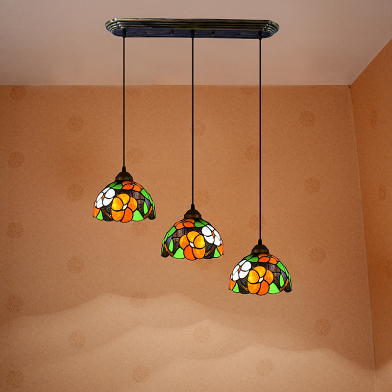 Dome Shade Stained Art Glass Multi Light Pendant Vintage 3 Bulbs Orange Hanging Lighting Clearhalo 'Ceiling Lights' 'Industrial' 'Middle Century Pendants' 'Pendant Lights' 'Pendants' 'Tiffany close to ceiling' 'Tiffany Pendants' 'Tiffany' Lighting' 2187239