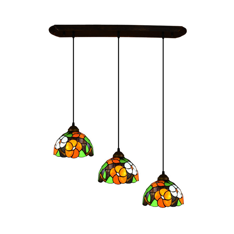 Dome Shade Stained Art Glass Multi Light Pendant Vintage 3 Bulbs Orange Hanging Lighting Clearhalo 'Ceiling Lights' 'Industrial' 'Middle Century Pendants' 'Pendant Lights' 'Pendants' 'Tiffany close to ceiling' 'Tiffany Pendants' 'Tiffany' Lighting' 2187240