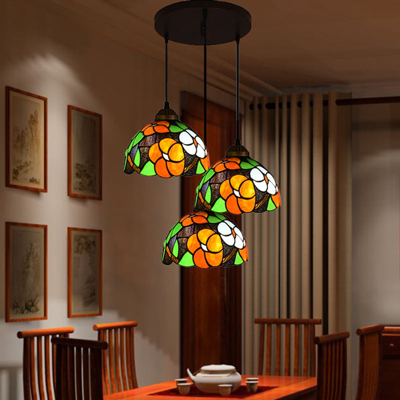 Dome Shade Stained Art Glass Multi Light Pendant Vintage 3 Bulbs