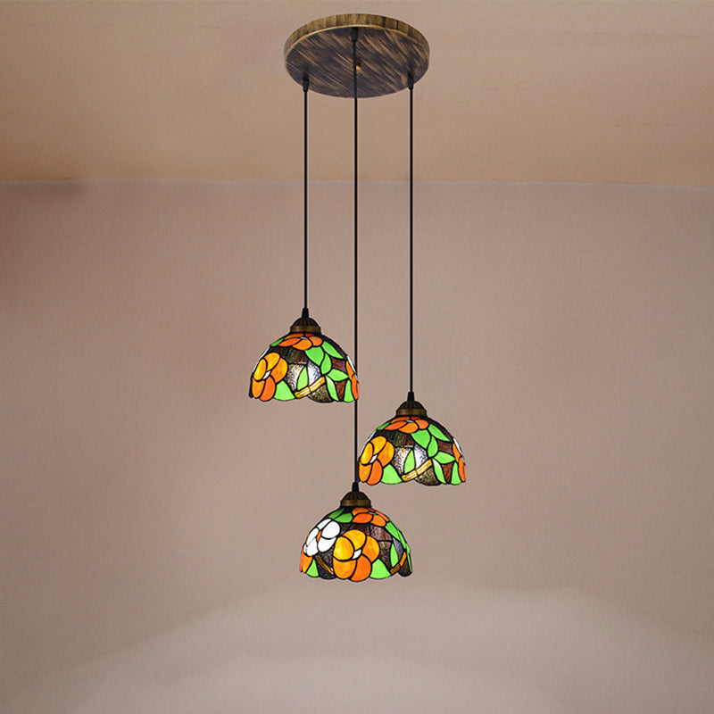 Dome Shade Stained Art Glass Multi Light Pendant Vintage 3 Bulbs Orange Hanging Lighting Clearhalo 'Ceiling Lights' 'Industrial' 'Middle Century Pendants' 'Pendant Lights' 'Pendants' 'Tiffany close to ceiling' 'Tiffany Pendants' 'Tiffany' Lighting' 2187243