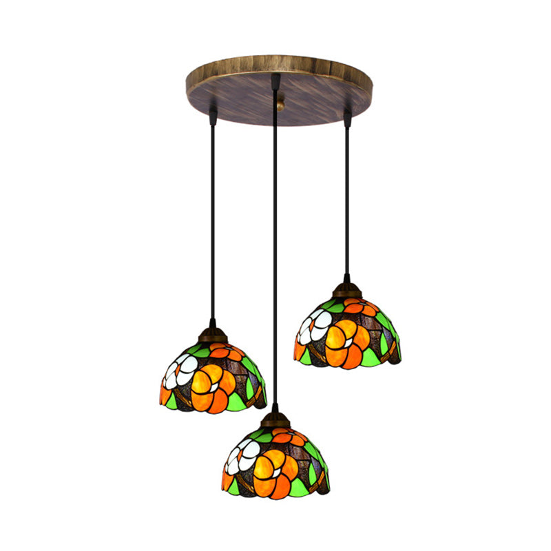 Dome Shade Stained Art Glass Multi Light Pendant Vintage 3 Bulbs Orange Hanging Lighting Clearhalo 'Ceiling Lights' 'Industrial' 'Middle Century Pendants' 'Pendant Lights' 'Pendants' 'Tiffany close to ceiling' 'Tiffany Pendants' 'Tiffany' Lighting' 2187244