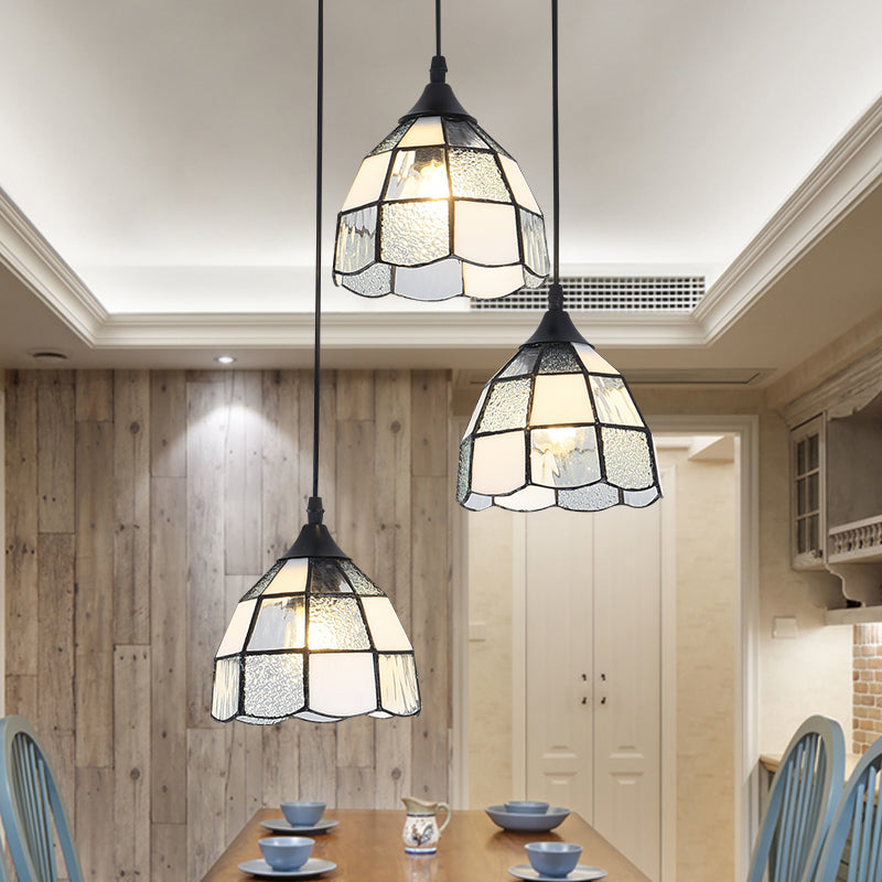 Tiffany-Style Bell Multi Ceiling Lamp 3 Bulbs Handcrafted Glass Suspension Light Fixture White Round Clearhalo 'Ceiling Lights' 'Industrial' 'Middle Century Pendants' 'Pendant Lights' 'Pendants' 'Tiffany close to ceiling' 'Tiffany Pendants' 'Tiffany' Lighting' 2187248