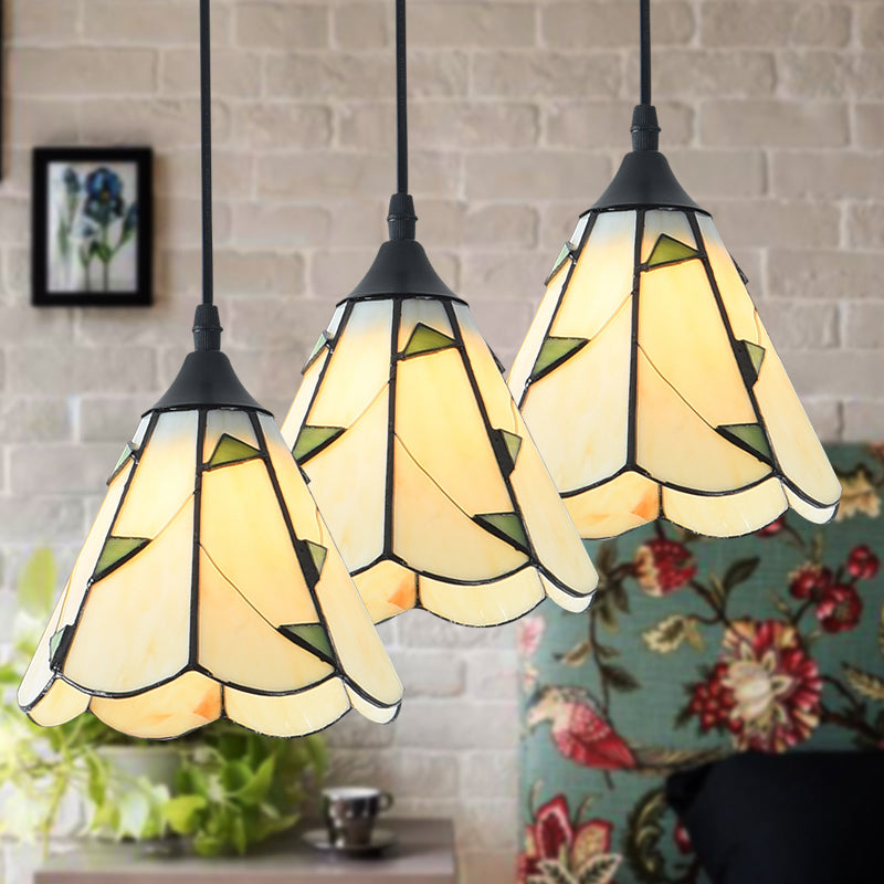 Tiffany-Style Bell Multi Ceiling Lamp 3 Bulbs Handcrafted Glass Suspension Light Fixture Beige Linear Clearhalo 'Ceiling Lights' 'Industrial' 'Middle Century Pendants' 'Pendant Lights' 'Pendants' 'Tiffany close to ceiling' 'Tiffany Pendants' 'Tiffany' Lighting' 2187252