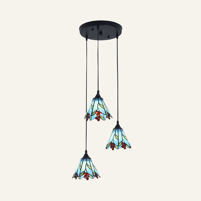 Tiffany-Style Bell Multi Ceiling Lamp 3 Bulbs Handcrafted Glass Suspension Light Fixture Blue Round Clearhalo 'Ceiling Lights' 'Industrial' 'Middle Century Pendants' 'Pendant Lights' 'Pendants' 'Tiffany close to ceiling' 'Tiffany Pendants' 'Tiffany' Lighting' 2187254