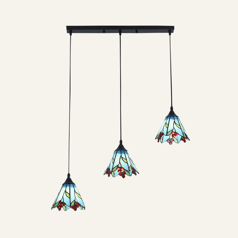 Tiffany-Style Bell Multi Ceiling Lamp 3 Bulbs Handcrafted Glass Suspension Light Fixture Blue Linear Clearhalo 'Ceiling Lights' 'Industrial' 'Middle Century Pendants' 'Pendant Lights' 'Pendants' 'Tiffany close to ceiling' 'Tiffany Pendants' 'Tiffany' Lighting' 2187255