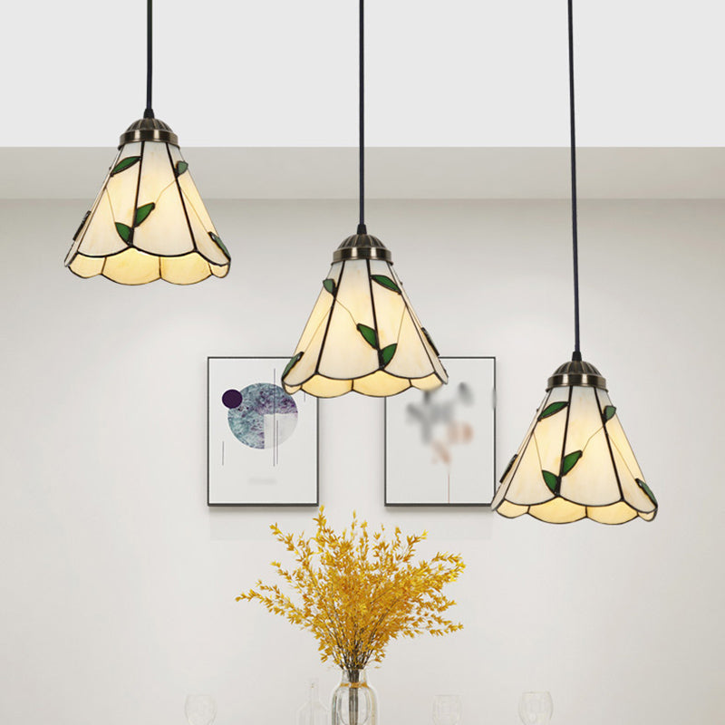Stained Glass Shaded Hanging Light Traditional 3 Heads Bronze Multi Light Pendant Bronze Leaf Clearhalo 'Ceiling Lights' 'Close To Ceiling Lights' 'Industrial' 'Middle Century Pendants' 'Pendant Lights' 'Pendants' 'Tiffany close to ceiling' 'Tiffany Pendants' 'Tiffany' Lighting' 2187263