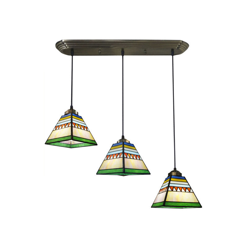 Stained Glass Shaded Hanging Light Traditional 3 Heads Bronze Multi Light Pendant Bronze Striped Clearhalo 'Ceiling Lights' 'Close To Ceiling Lights' 'Industrial' 'Middle Century Pendants' 'Pendant Lights' 'Pendants' 'Tiffany close to ceiling' 'Tiffany Pendants' 'Tiffany' Lighting' 2187267