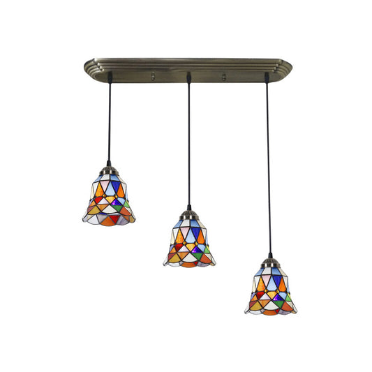 Stained Glass Shaded Hanging Light Traditional 3 Heads Bronze Multi Light Pendant Bronze Geometric Clearhalo 'Ceiling Lights' 'Close To Ceiling Lights' 'Industrial' 'Middle Century Pendants' 'Pendant Lights' 'Pendants' 'Tiffany close to ceiling' 'Tiffany Pendants' 'Tiffany' Lighting' 2187268
