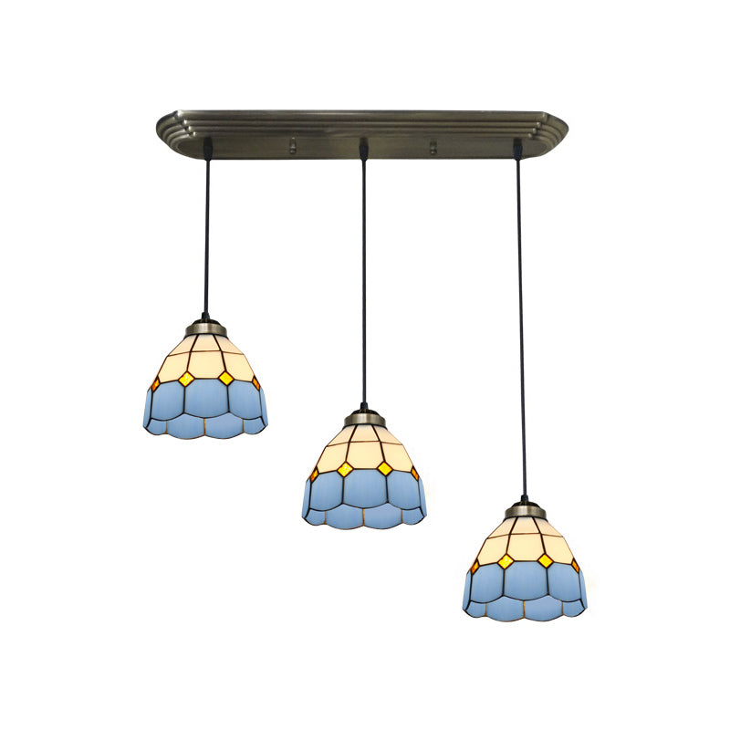 Stained Glass Shaded Hanging Light Traditional 3 Heads Bronze Multi Light Pendant Bronze Blue Square Clearhalo 'Ceiling Lights' 'Close To Ceiling Lights' 'Industrial' 'Middle Century Pendants' 'Pendant Lights' 'Pendants' 'Tiffany close to ceiling' 'Tiffany Pendants' 'Tiffany' Lighting' 2187269