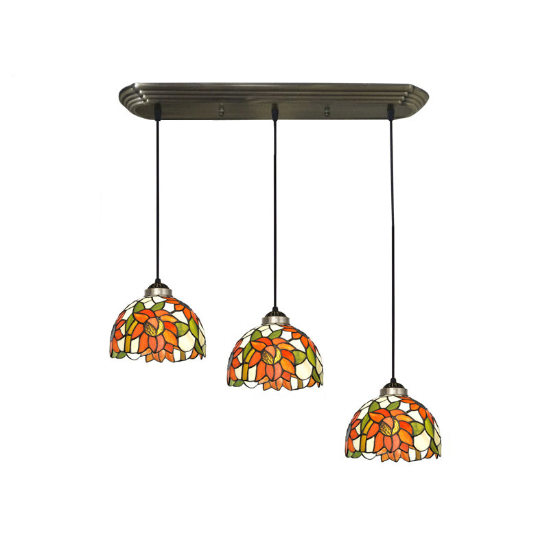Stained Glass Shaded Hanging Light Traditional 3 Heads Bronze Multi Light Pendant Bronze Sunflower Clearhalo 'Ceiling Lights' 'Close To Ceiling Lights' 'Industrial' 'Middle Century Pendants' 'Pendant Lights' 'Pendants' 'Tiffany close to ceiling' 'Tiffany Pendants' 'Tiffany' Lighting' 2187270