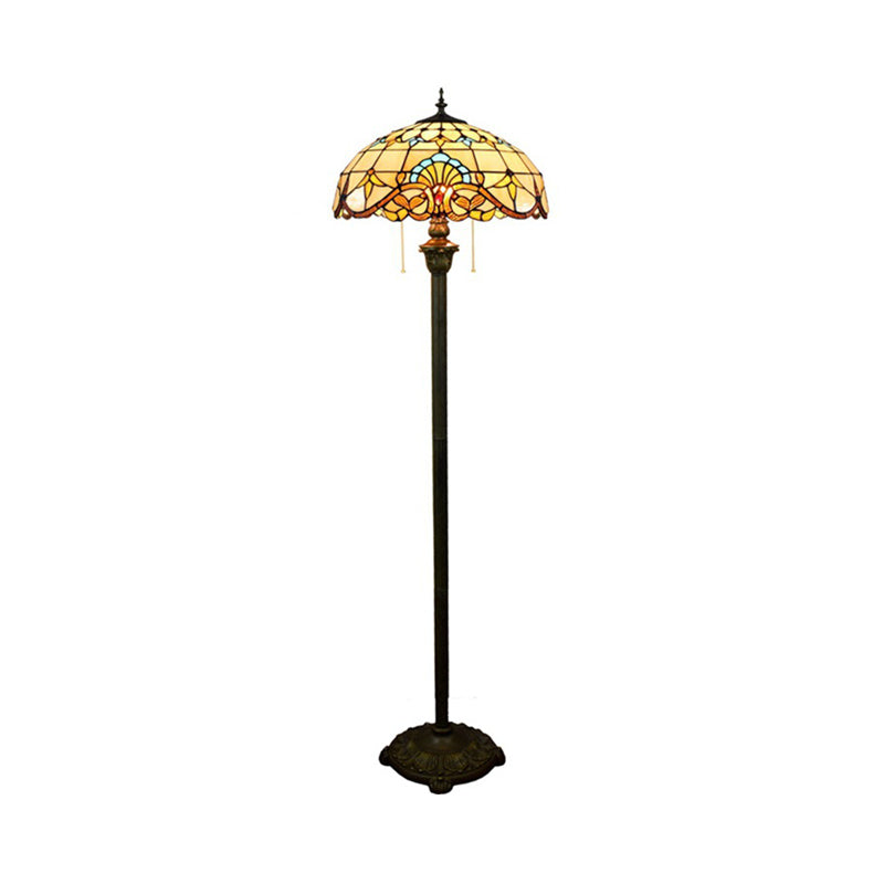 2 Heads Scalloped Dome Floor Lamp Baroque Brown Stained Glass Standing Light with Pull Chain for Living Room Brown Clearhalo 'Floor Lamps' 'Lamps' Lighting' 2187271