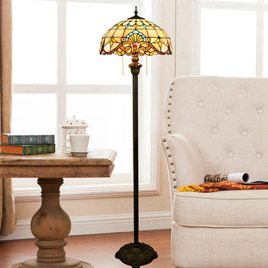 2 Heads Scalloped Dome Floor Lamp Baroque Brown Stained Glass Standing Light with Pull Chain for Living Room Clearhalo 'Floor Lamps' 'Lamps' Lighting' 2187272