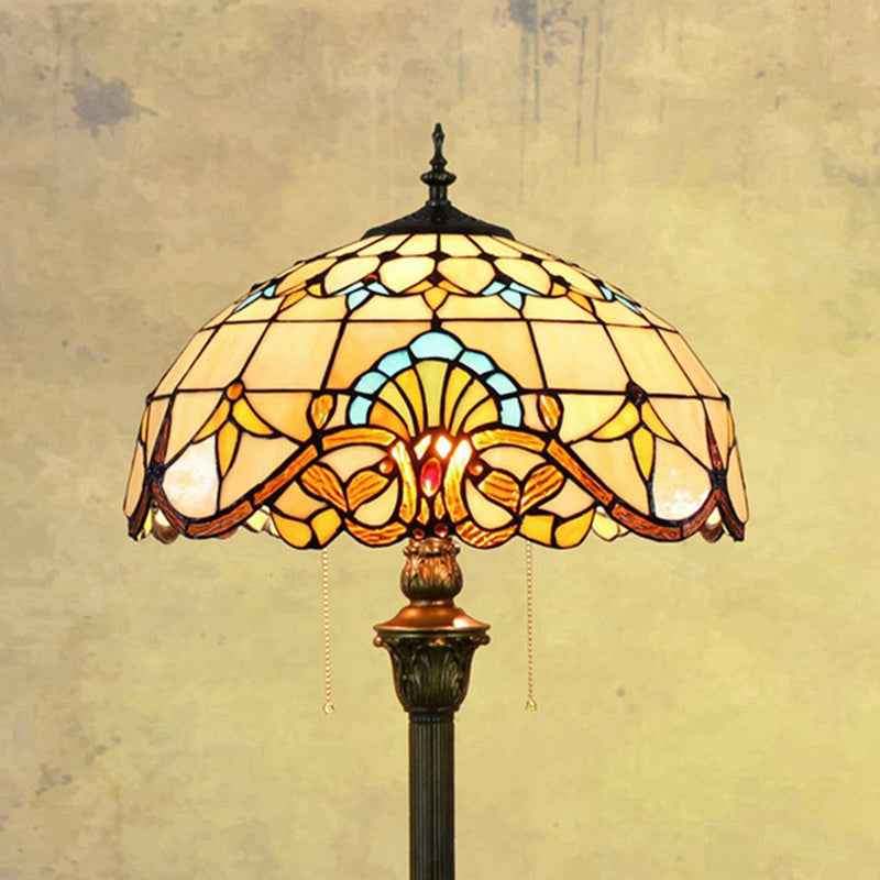 2 Heads Scalloped Dome Floor Lamp Baroque Brown Stained Glass Standing Light with Pull Chain for Living Room Clearhalo 'Floor Lamps' 'Lamps' Lighting' 2187273