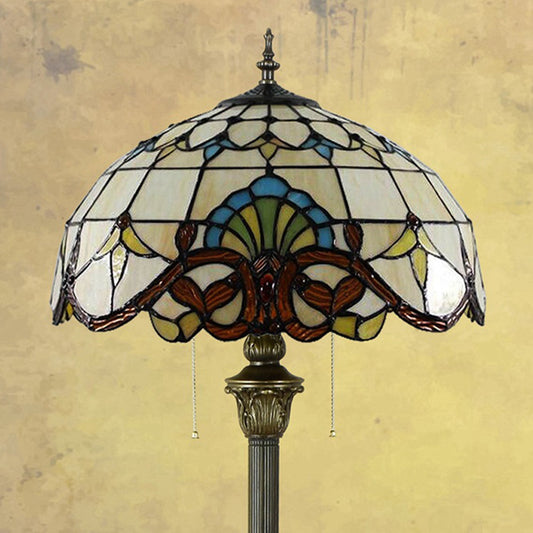 2 Heads Scalloped Dome Floor Lamp Baroque Brown Stained Glass Standing Light with Pull Chain for Living Room Clearhalo 'Floor Lamps' 'Lamps' Lighting' 2187274