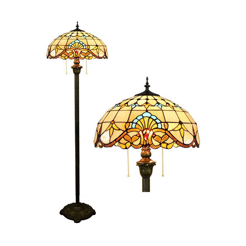 2 Heads Scalloped Dome Floor Lamp Baroque Brown Stained Glass Standing Light with Pull Chain for Living Room Clearhalo 'Floor Lamps' 'Lamps' Lighting' 2187275