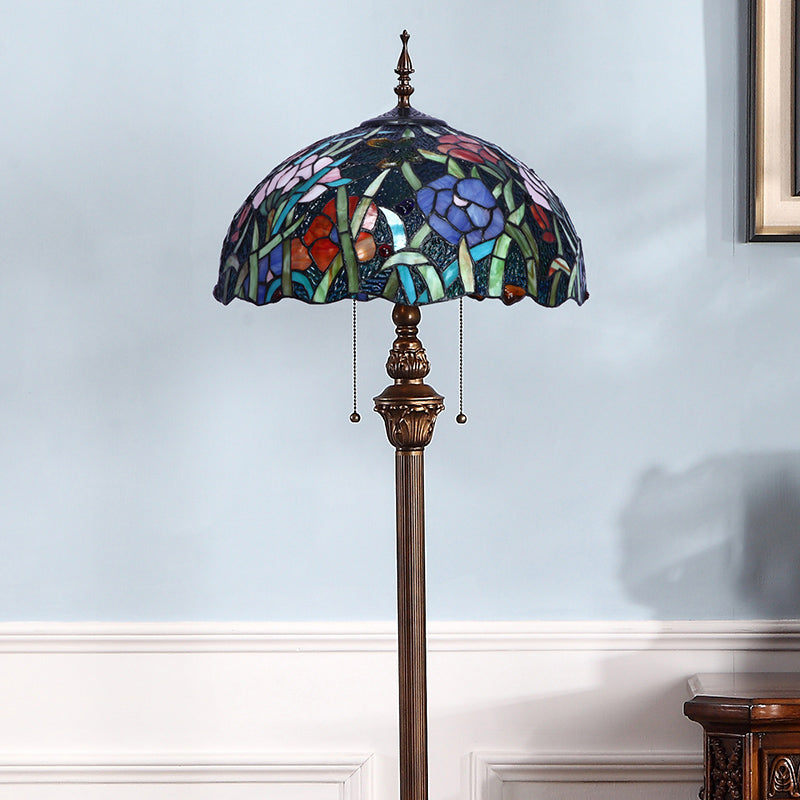 Green 2 Heads Standing Light Decorative Flower Stained Glass Bowl Pull Chain Floor Lamp Clearhalo 'Floor Lamps' 'Lamps' Lighting' 2187278