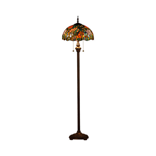 Green 2 Heads Standing Light Decorative Flower Stained Glass Bowl Pull Chain Floor Lamp Clearhalo 'Floor Lamps' 'Lamps' Lighting' 2187280