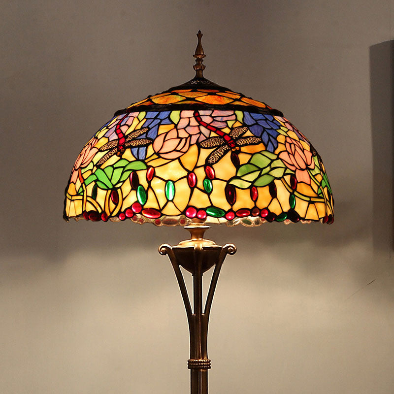 Green Dome Floor Light Vintage 3 Bulbs Stained Glass Pull Chain Standing Light with Floral and Dragonfly Pattern Green Clearhalo 'Floor Lamps' 'Lamps' Lighting' 2187281