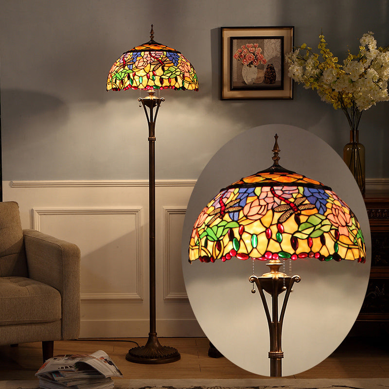 Green Dome Floor Light Vintage 3 Bulbs Stained Glass Pull Chain Standing Light with Floral and Dragonfly Pattern Clearhalo 'Floor Lamps' 'Lamps' Lighting' 2187282
