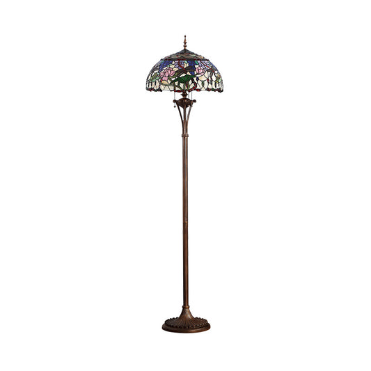 Green Dome Floor Light Vintage 3 Bulbs Stained Glass Pull Chain Standing Light with Floral and Dragonfly Pattern Clearhalo 'Floor Lamps' 'Lamps' Lighting' 2187283