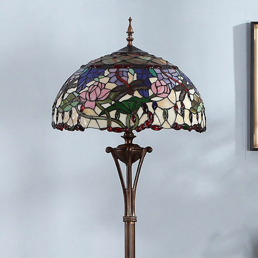 Green Dome Floor Light Vintage 3 Bulbs Stained Glass Pull Chain Standing Light with Floral and Dragonfly Pattern Clearhalo 'Floor Lamps' 'Lamps' Lighting' 2187284