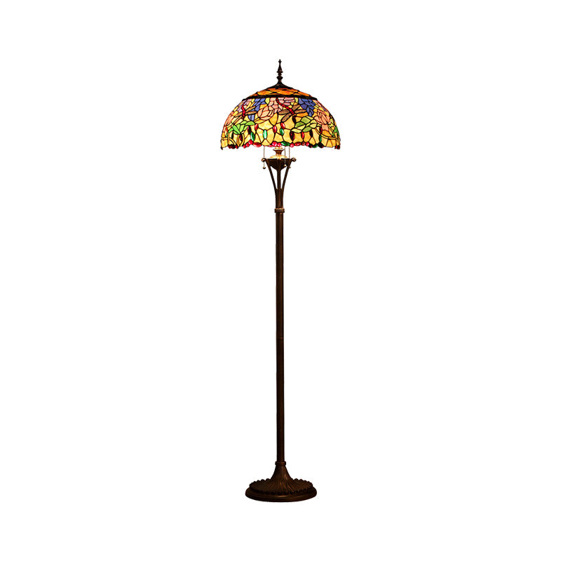 Green Dome Floor Light Vintage 3 Bulbs Stained Glass Pull Chain Standing Light with Floral and Dragonfly Pattern Clearhalo 'Floor Lamps' 'Lamps' Lighting' 2187285