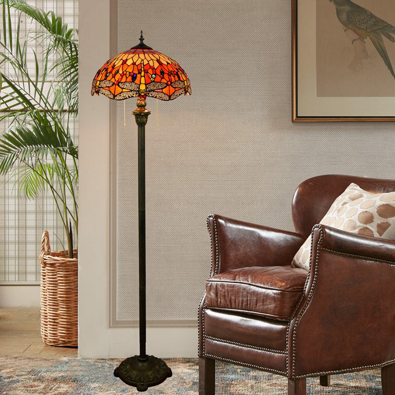 Traditional Bowl Standing Lamp 2 Bulbs Stained Glass Pull Chain Floor Light with Dragonfly Pattern in Orange Orange Clearhalo 'Floor Lamps' 'Lamps' Lighting' 2187286