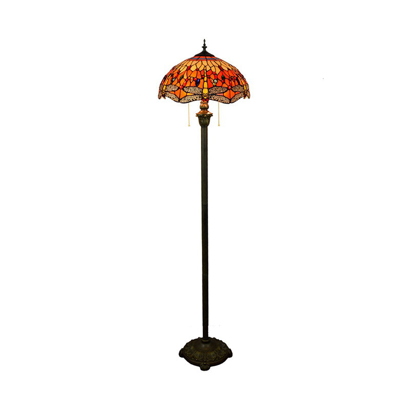 Traditional Bowl Standing Lamp 2 Bulbs Stained Glass Pull Chain Floor Light with Dragonfly Pattern in Orange Clearhalo 'Floor Lamps' 'Lamps' Lighting' 2187288