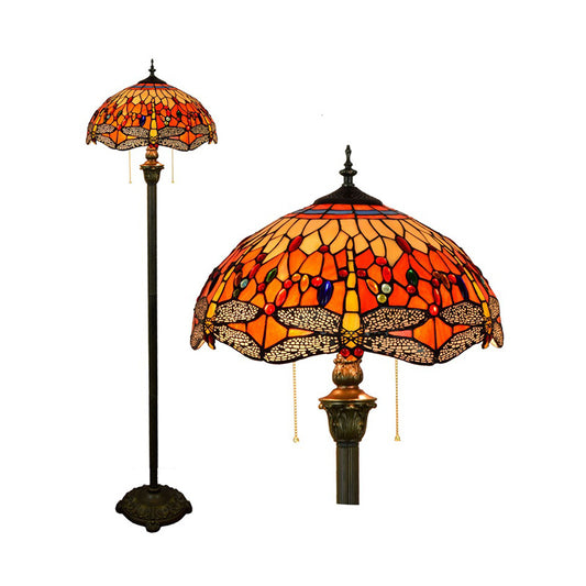 Traditional Bowl Standing Lamp 2 Bulbs Stained Glass Pull Chain Floor Light with Dragonfly Pattern in Orange Clearhalo 'Floor Lamps' 'Lamps' Lighting' 2187289