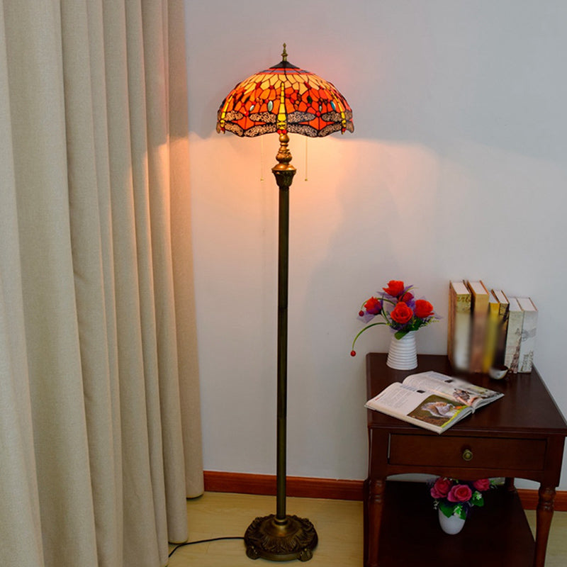 Traditional Bowl Standing Lamp 2 Bulbs Stained Glass Pull Chain Floor Light with Dragonfly Pattern in Orange Clearhalo 'Floor Lamps' 'Lamps' Lighting' 2187290