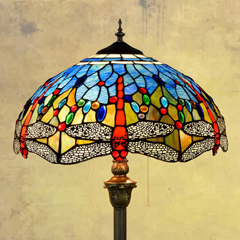 Dragonfly Floor Light 2 Heads Stained Art Glass Tiffany Standing Lamp with Pull Chain in Blue Blue Clearhalo 'Floor Lamps' 'Lamps' Lighting' 2187291