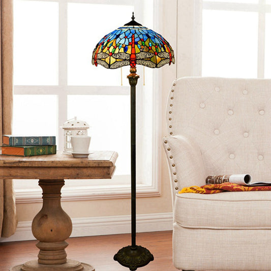 Dragonfly Floor Light 2 Heads Stained Art Glass Tiffany Standing Lamp with Pull Chain in Blue Clearhalo 'Floor Lamps' 'Lamps' Lighting' 2187292