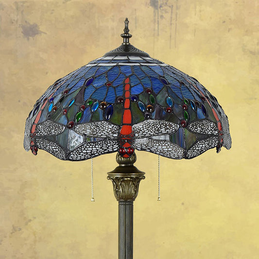 Dragonfly Floor Light 2 Heads Stained Art Glass Tiffany Standing Lamp with Pull Chain in Blue Clearhalo 'Floor Lamps' 'Lamps' Lighting' 2187293