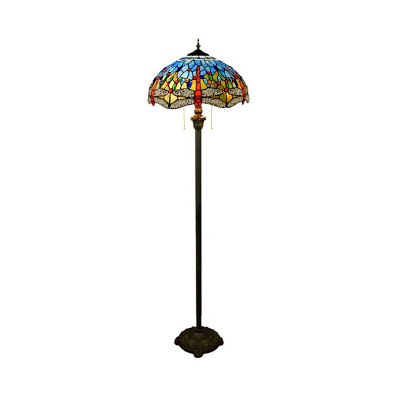 Dragonfly Floor Light 2 Heads Stained Art Glass Tiffany Standing Lamp with Pull Chain in Blue Clearhalo 'Floor Lamps' 'Lamps' Lighting' 2187294