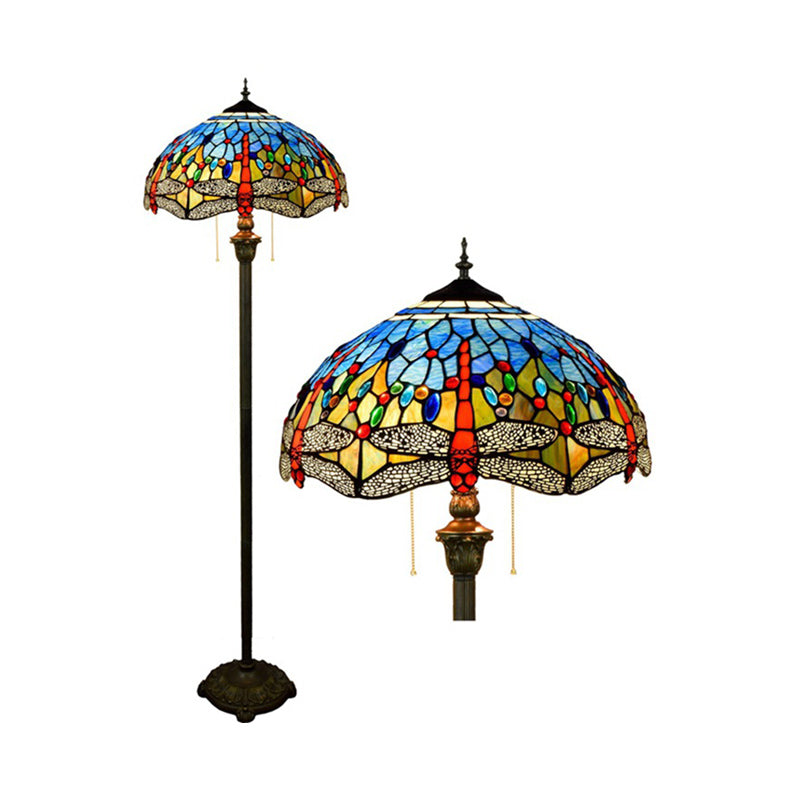 Dragonfly Floor Light 2 Heads Stained Art Glass Tiffany Standing Lamp with Pull Chain in Blue Clearhalo 'Floor Lamps' 'Lamps' Lighting' 2187295