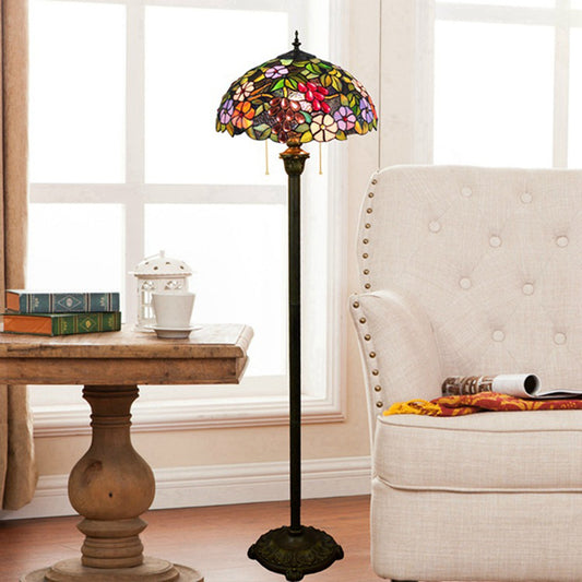 Bowl Shade Floor Lamp Antique Stained Art Glass 2 Heads Purple Standing Lighting with Grape and Flower Pattern Clearhalo 'Floor Lamps' 'Lamps' Lighting' 2187297