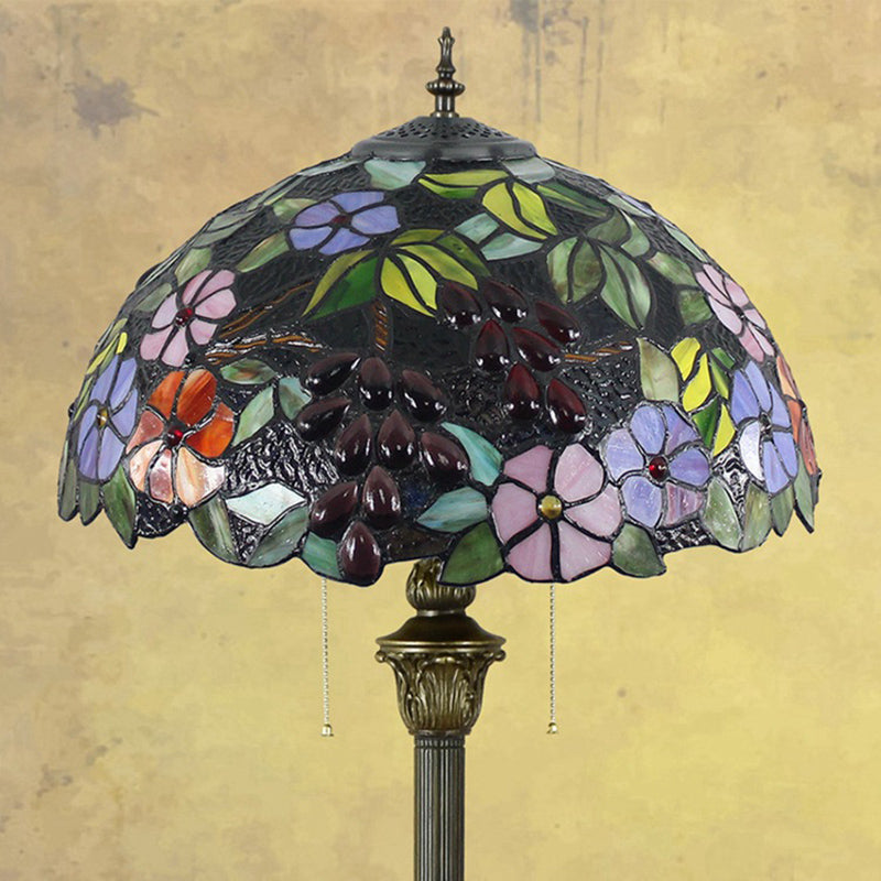 Bowl Shade Floor Lamp Antique Stained Art Glass 2 Heads Purple Standing Lighting with Grape and Flower Pattern Clearhalo 'Floor Lamps' 'Lamps' Lighting' 2187298